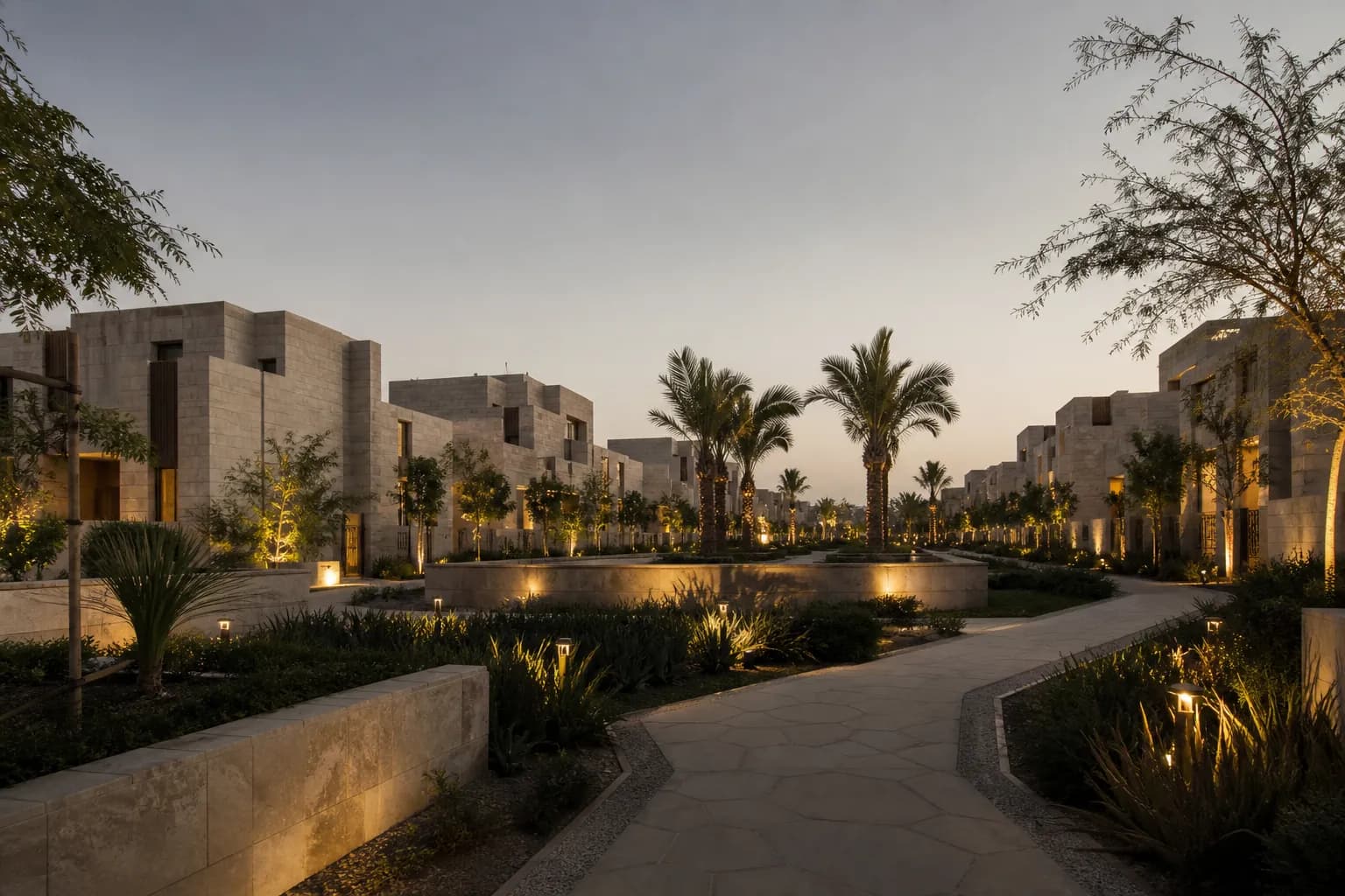 Landscaped residential community at dusk