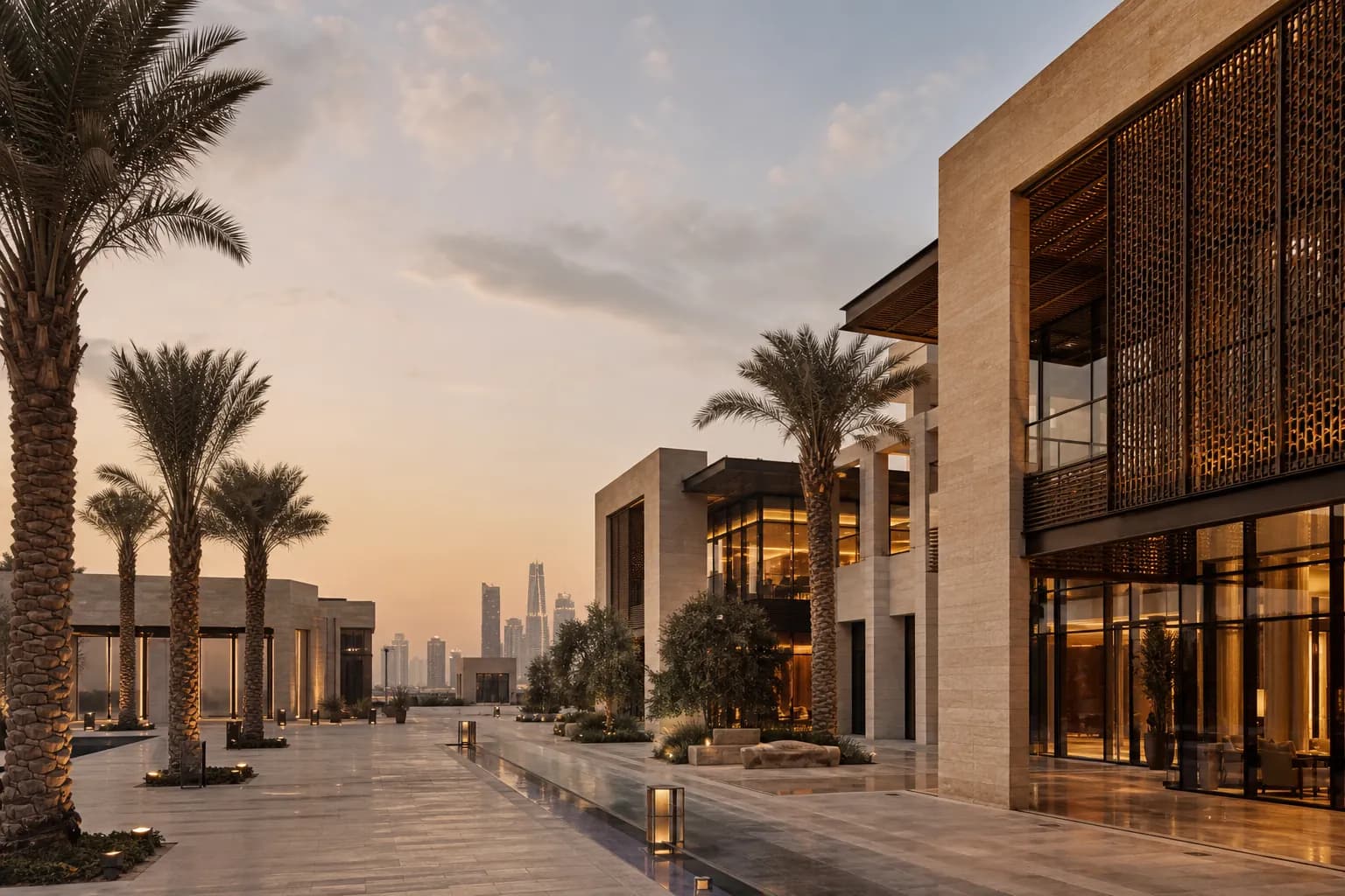 Contemporary mixed-use development in Saudi Arabia at dusk