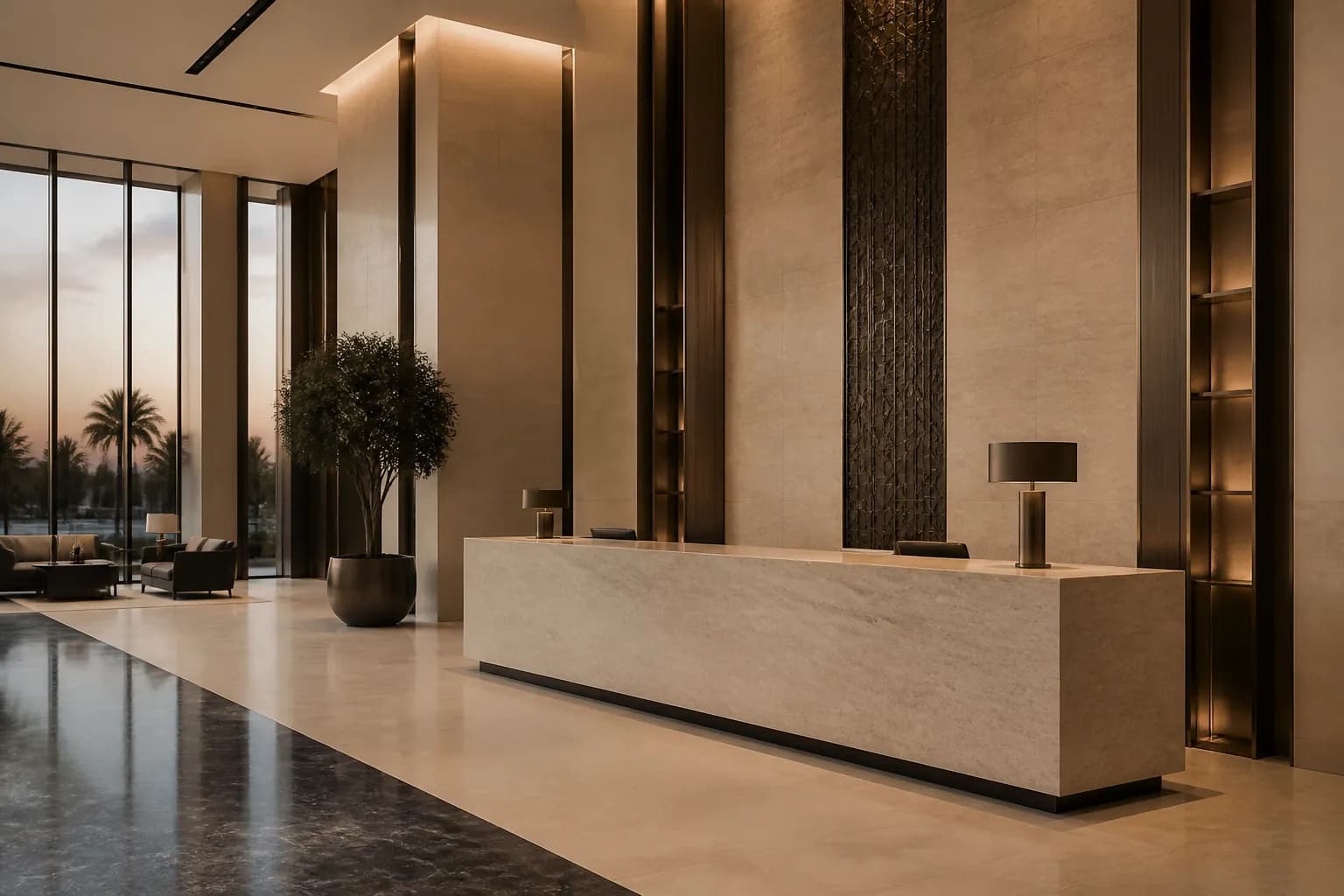 Refined lobby of a mixed-use development