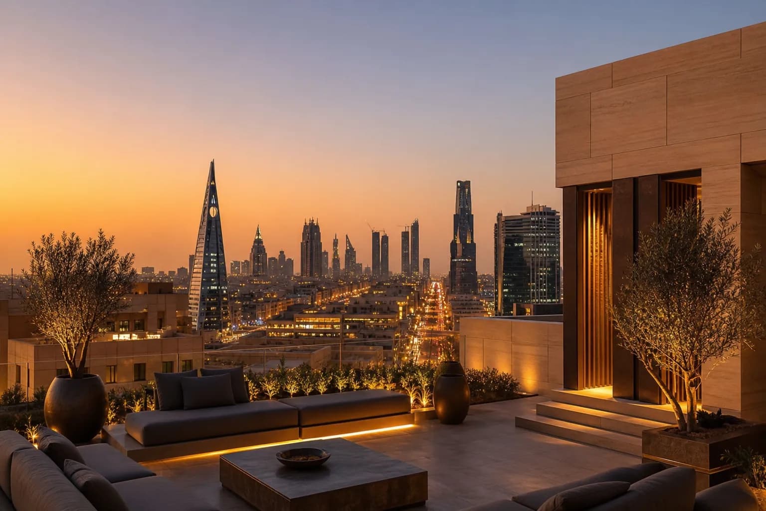 Riyadh skyline at dusk from a contemporary terrace